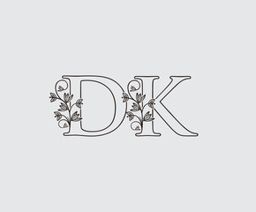 Letter D, K and DK Vintage Floral Logo Icon, overlapping monogram logo, Simple Swirl Black color Logo on white background. Classy Letter Logo Icon.