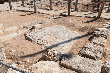 The remains of the mosaic floor in the archaeological site Ancient Shiloh in Samaria region in Benjamin district, Israel - obrazy, fototapety, plakaty