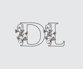 Letter D, L and DL Vintage Floral Logo Icon, overlapping monogram logo, Simple Swirl Black color Logo on white background. Classy Letter Logo Icon.