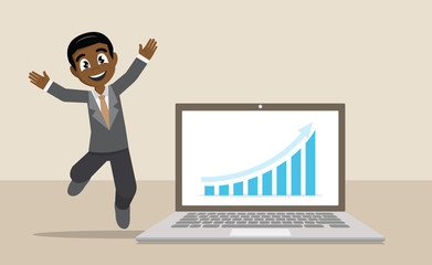 Cartoon character, Happy African businessman working with Succeed Business graph.