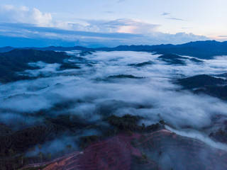 Aerial image of Amazing Beautiful Nature landscape view of Sunrise with  nature misty foggy and...