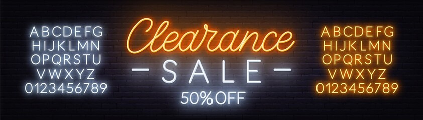 Clearance sale neon sign on dark background. Neon alphabet on a dark background. Template for design. - obrazy, fototapety, plakaty