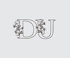 Letter D, U and DU Vintage Floral Logo Icon, overlapping monogram logo, Simple Swirl Black color Logo on white background. Classy Letter Logo Icon.