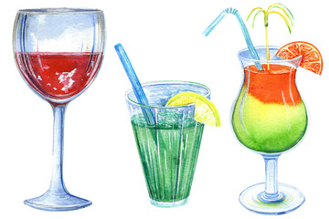 Hand drawn colorful cocktails with lemon, orange, red wine.  Watercolor illustration