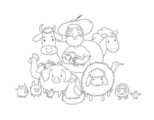 Cute cartoon farmer and animals. Country man and cow, horse and sheep, chicken and goose, pig and rooster.