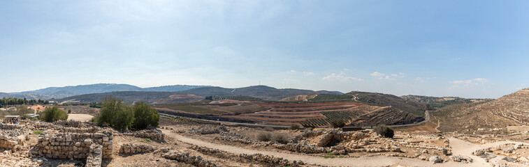 View from Tel Shilo to the nearby hills in Samaria region in Benjamin district, Israel - obrazy, fototapety, plakaty