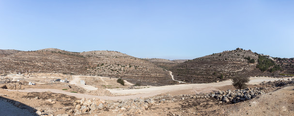 View from Tel Shilo to the nearby hills in Samaria region in Benjamin district, Israel - obrazy, fototapety, plakaty
