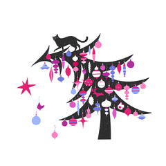 Vector illustration of a black cat climbing Christmas tree and tossing ornaments to the floor