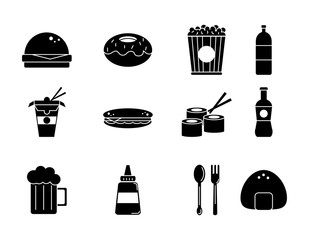 fast food menu icons set silhouette
