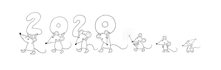 Cute cartoon rats. greeting card. Chinese Zodiac Sign Year of Rat. New Year 2020. Animal cartoon character set. Funny mouse and Christmas tree