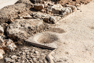 The remains of the mosaic floor in the archaeological site Ancient Shiloh in Samaria region in...