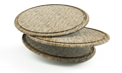 Round wooden pizza board without handle, isolated on white background. Top view, 3D render.