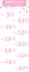 Set of advertising signs in bubble gum style for business banner / poster . Collection of design signs made of chewing gum. Vector 3d numbers . – 5 10 15 20 25 30 35 40 45 50 % . Part 1.