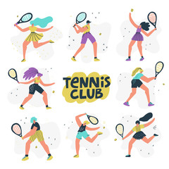 Tennis club hand drawn vector banner template. Professional female athletes hitting ball flat cartoon characters set