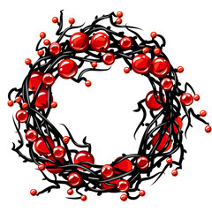 Winter wreath of interwoven branches with apples and berries.