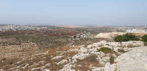 Panoramic view from the place called the Balcony of Israel in the Jewish settlement Peduel to the Samaria region in Benjamin district and Israel in the distance - obrazy, fototapety, plakaty