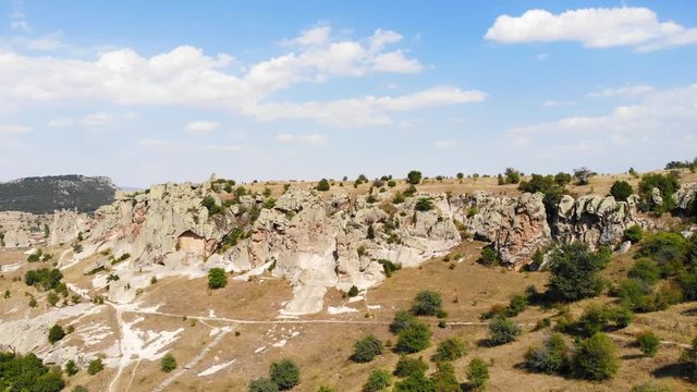 Aerial drone low flight view of Midas City walls in Phryg Valley Yazilikaya Turkey