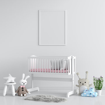 Blank photo frame for mockup in child bedroom, 3D rendering