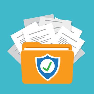 Document protection concept, secure data with paper documents and guard shield vector illustration