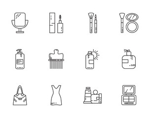 makeup cosmetics jewelry feminine things icons set line style