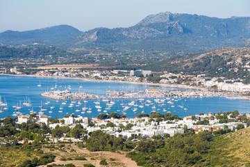 Yachts in the Bay of the port of Pollensa on the island of Mallorca