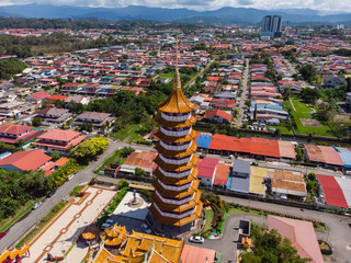 Aerial view of Chinese Temple Peak Nam Toong Pagoda during Sunny day located in the city of Kota...