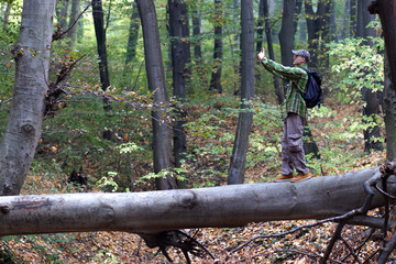 Man with backpack hiking on the mountain  taking photo of the wildlife while balancing on the fallen timber. - Image