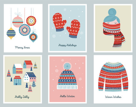Merry Christmas cards with patterned illustrations and elements. Vector design