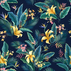 Tapeten nahtloses Blumenmuster. tropisches florales tropisches Muster mit Hibiskus und Palmenblättern auf dunkelblau © citradora