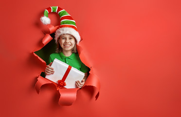 Santa's elf on bright color background