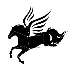 flying pegasus horse and star constellation - greek mythology inspiration symbol and astronomy silhouette black and white vector design