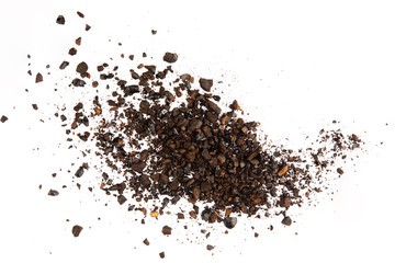 Dark ground coffee bean crushed craked broken isolated on white background top view