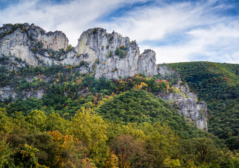 The Seneca Rocks geological formation in West Virginia. This quartzite ridge was uplifted about 275...