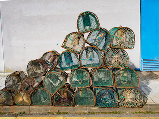 Fishing traps piled up in the harbor