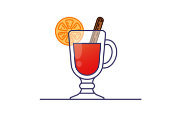 Line flat style mulled wine christmas drink with cinnamon and orange on white background. Vector illustration.