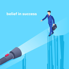 isometric vector image on a blue background, a man in a business suit carefully go over a precipice and a shining flashlight, a bridge over a cliff, belief in success