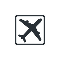 flat vector image on white background, icon of a flying plane in a square frame, silhouette of a plane in black, departures arrivals