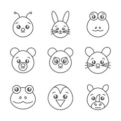 cute animals head cartoon icons set line style