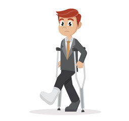 Cartoon character, businessman with crutches and a plaster on his leg.
