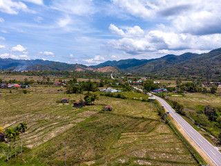 Beautiful Aerial image of rural landscape with beautiful young green paddy field in Tambunan,...