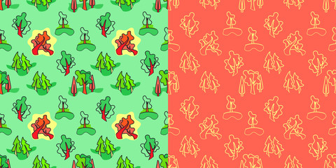 Colorful seamless pattern of different trees. Vector forest illustration. Simple   cartoon flat style. The best for design textile fabric paper, wallpaper, kids.   Wrapping.
