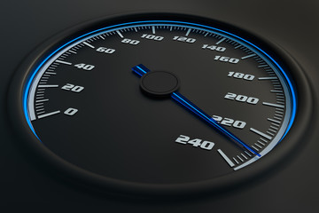 Blue speedometer in car on dashboard. 3D rendered illustration.