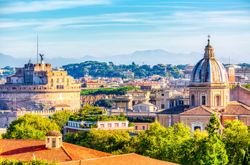 Panoramic view of historic center of Romem Italy from the Gianicolo hill during summer sunny day.