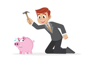 Cartoon character, businessman breaking piggy bank.
