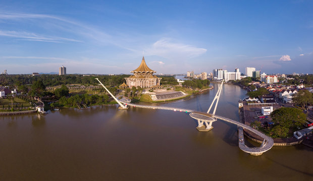 Aerial image Of An Iconic Building Dewan Undangan Negeri At Kuching Waterfront, Sarawak, Malaysia