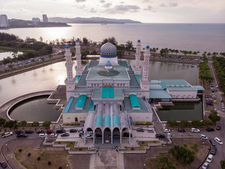 Aerial Drone image of beautiful mosque and the most famous tourist spot Likas Mosque(Masjid...