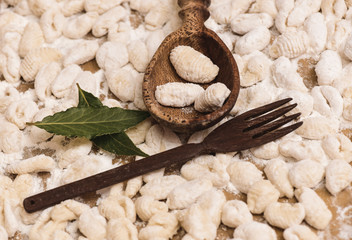 Homemade gnocchi, prepared on the table with ingredients.
