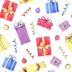 Seamless pattern with Christmas presents. Hand painted in watercolor.