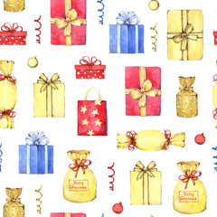 Seamless pattern with Christmas presents. Hand painted in watercolor.