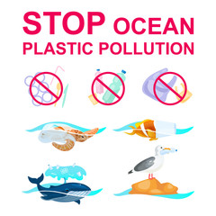 Stop plastic pollution in ocean flat concept icons set. Marine animals trapped in garbage stickers, cliparts pack. Nature protection. Waste in ocean. Isolated cartoon illustrations on white background